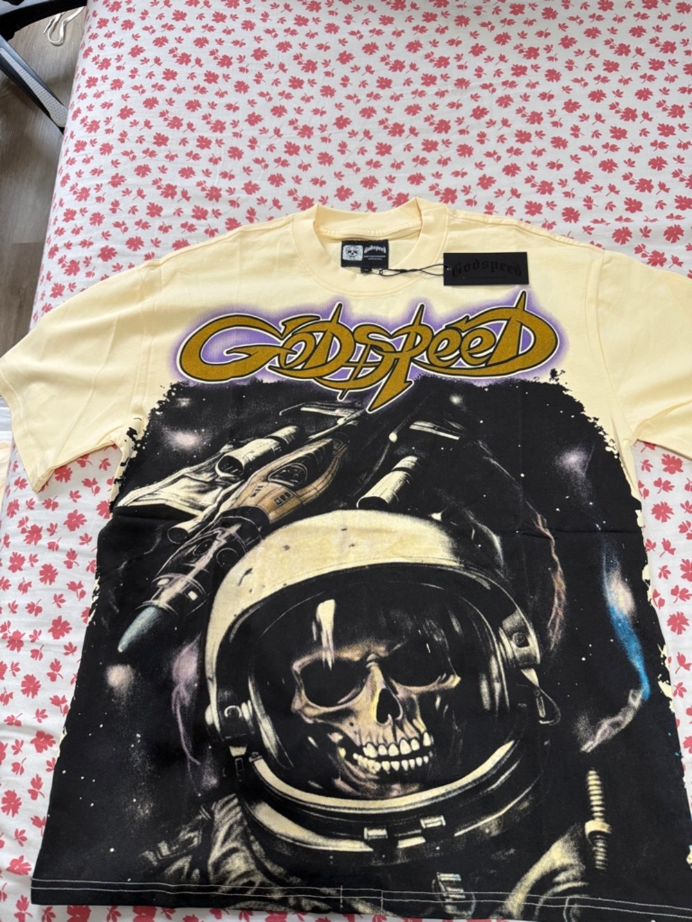 Godspeed Cream Graphic Short Sleeve Tee - Astronaut Skull Print Sz Large